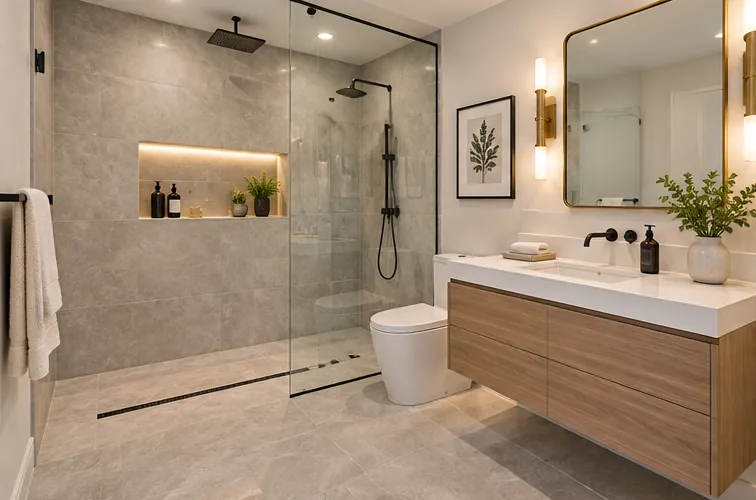 Walk-in shower with lit niche