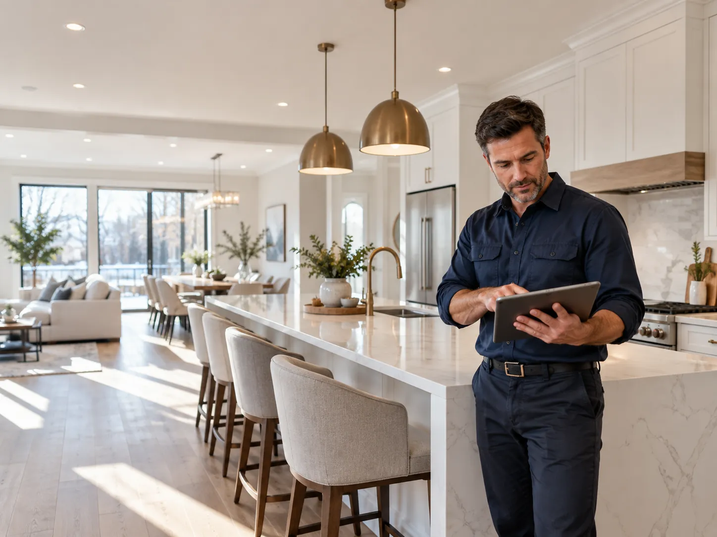 ANBE Renovation contractor reviewing plans in a renovated kitchen