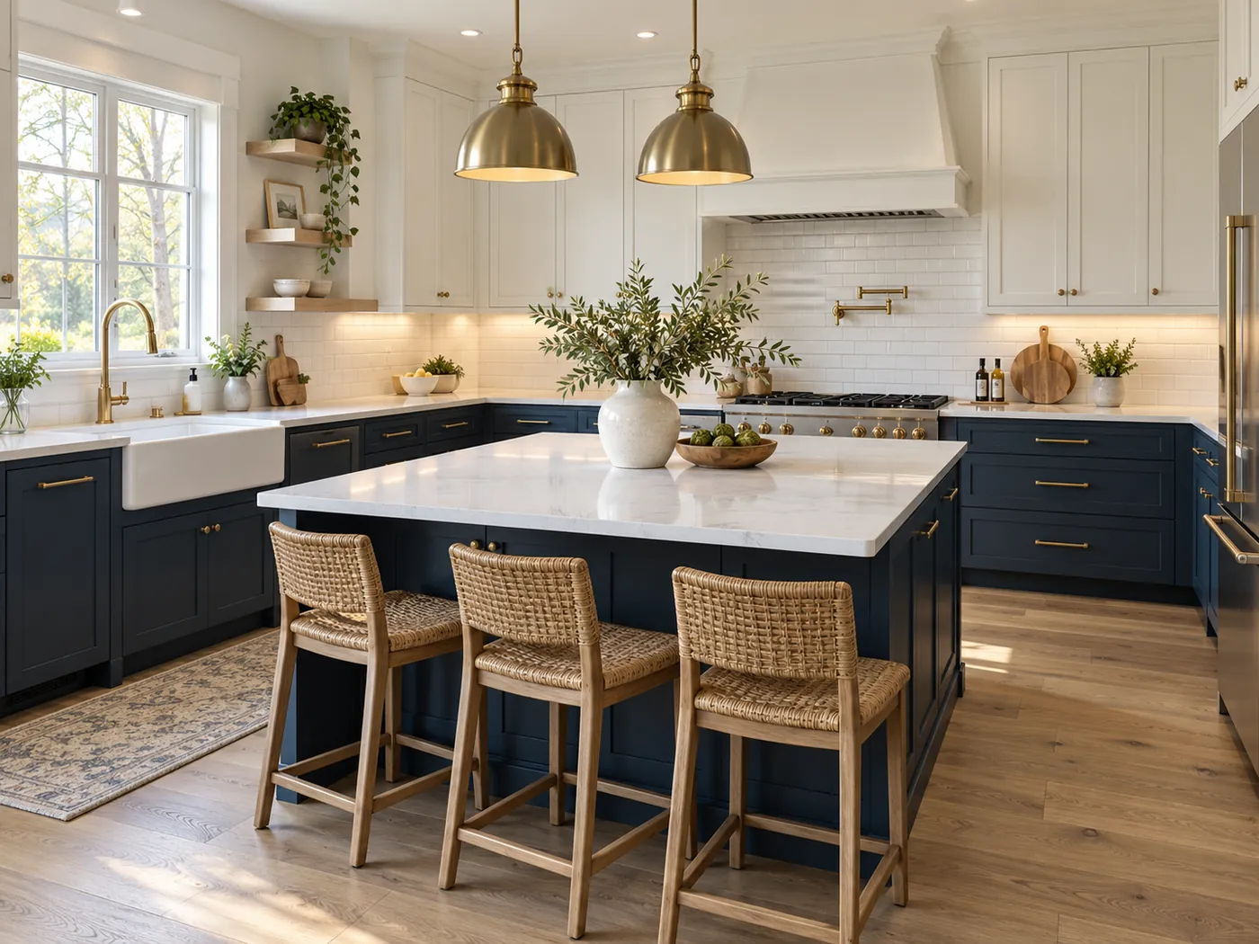 Navy and white kitchen with brass pendant lights